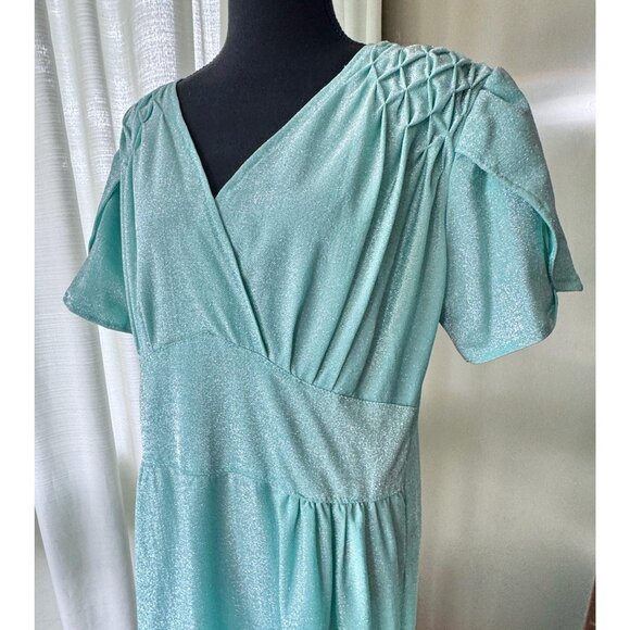 Vintage 80s dress, aqua, silver metallic thread, shimmery cocktail/evening dress - Picture 2 of 10